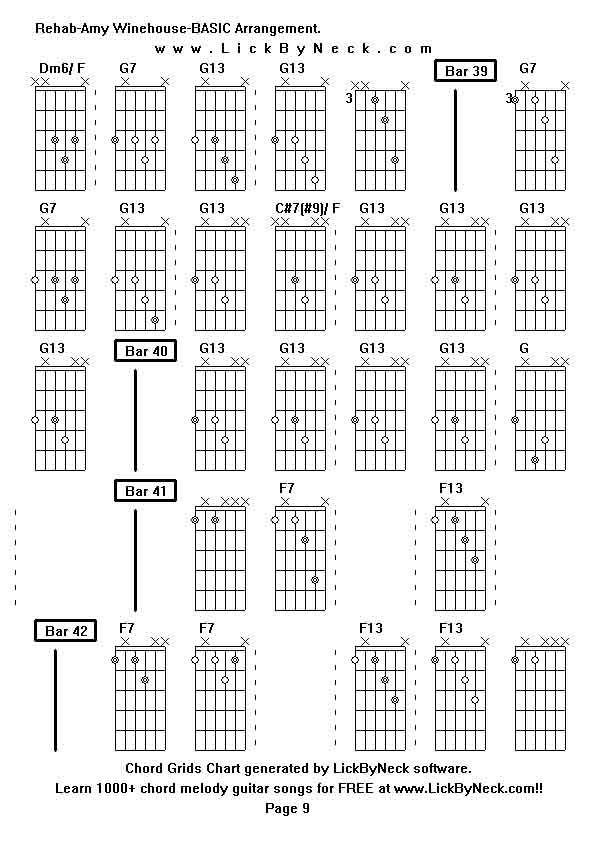 Chord Grids Chart of chord melody fingerstyle guitar song-Rehab-Amy Winehouse-BASIC Arrangement,generated by LickByNeck software.